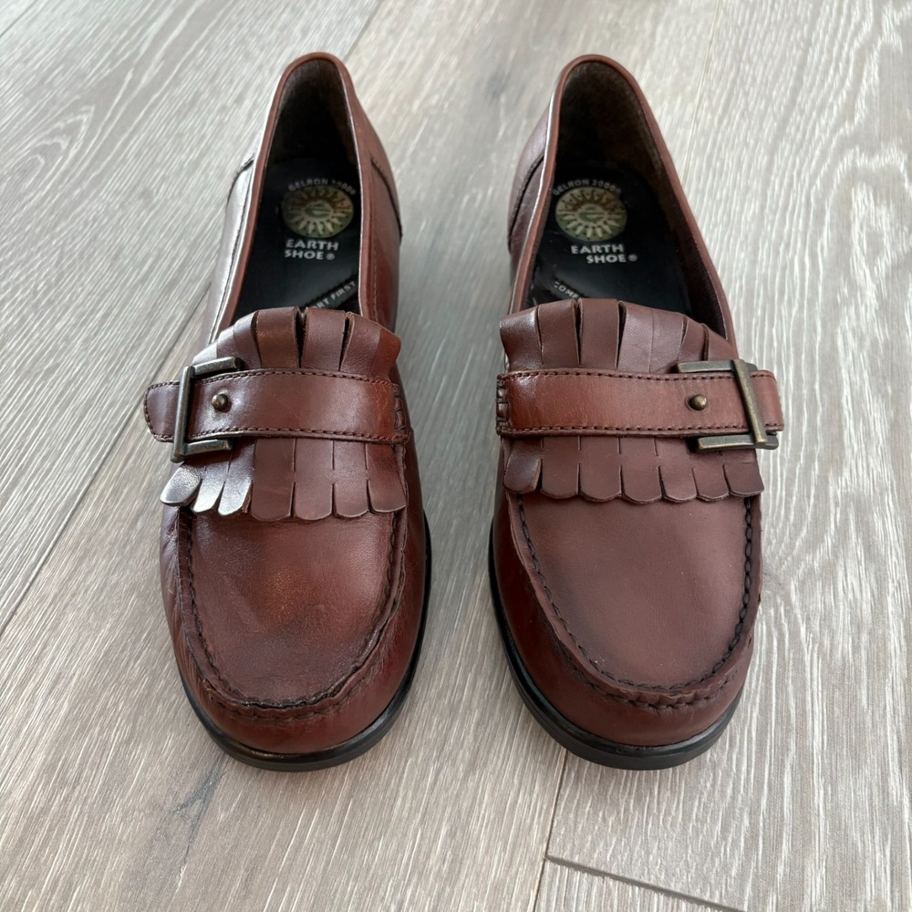 Earth Shoe Gelron 2000m Womens Sable Brown Leather Kiltie Loafer Shoes‎ Size 9W